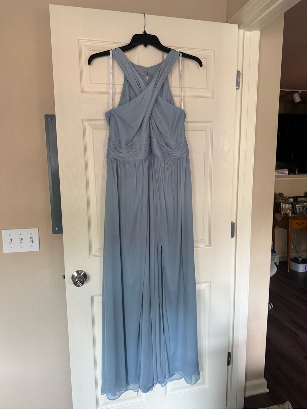 David's Bridal Dusty Blue Cross-Front Halter Chiffon Gown